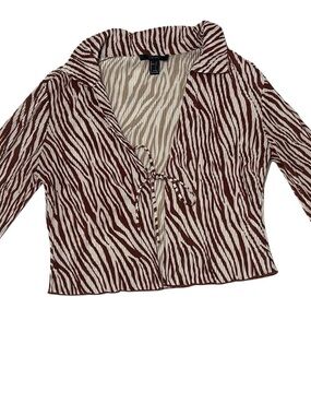 Forever 21 Brown and Cream Zebra-Print Tie Front Button-Down Top